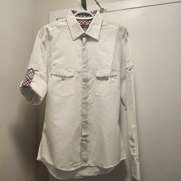 Andrea Bossi Men’s Long Sleeve Shirt  Size L 100% Linen White with Check Accents - Picture 1 of 9